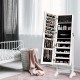 Full-length mirror standing jewelry armoire in white, showcasing 24 necklace hooks and 3 makeup tool cups for organized.