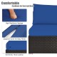 Close-up of thick blue cushion with zippered cover on a rattan sofa from the 6-piece outdoor patio furniture set.