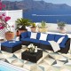 6-piece outdoor patio rattan furniture set with blue cushions, including sofa, ottoman, and coffee table, ideal for.