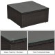 Square coffee table with thick tempered glass top and PE rattan base, ideal for outdoor patio use.