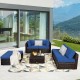 6-piece outdoor patio rattan furniture set with blue cushions, including sofas, ottoman, and coffee table for garden.