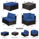 6-piece outdoor patio rattan furniture set with blue cushions, including corner sofas, armless sofas, coffee table, and.