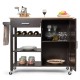 Brown kitchen island cart with rubber wood countertop, one drawer, three open shelves, and towel rack for easy.