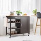 Brown kitchen island cart with rubber wood countertop, drawer, cabinet, and three open shelves on wheels for easy.