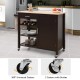 Rolling kitchen island cart in brown with rubber wood countertop, storage drawer, cabinet, and three open shelves.