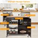 Kitchen island cart in brown with rubber wood countertop, drawer, wine rack, and open shelves for versatile storage.