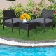 Two chairs and a glass table from the 3 Pieces Outdoor Rattan Patio Conversation Set with gray cushions, perfect for.
