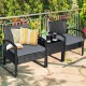 Outdoor rattan patio conversation set with gray cushions, featuring a tempered glass table, perfect for backyard.