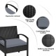 Black rattan patio chair with gray cushion, featuring ergonomic armrest and durable PE rattan for outdoor comfort.