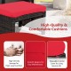 Red cushion on a durable patio rattan ottoman, featuring a hidden zipper for easy maintenance and outdoor use.
