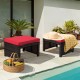 Red cushion patio rattan ottomans with X-frame design, perfect for outdoor use by the poolside or garden.