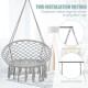 Hanging macrame hammock chair in gray with handwoven cotton backrest, featuring rustproof metal rings for stability.
