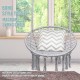 Macrame swing chair in gray with tassels, featuring a handwoven cotton backrest for indoor and outdoor relaxation.