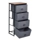 Four-drawer chest storage tower with a black steel frame and fabric bins, ideal for organizing items in any room.