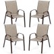 Set of four gray patio chairs with armrests, featuring a heavy-duty steel frame for outdoor dining and relaxation.