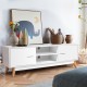 Wooden TV stand showcasing a minimalist design with 2 storage cabinets and 2 open shelves, perfect for contemporary.