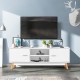 Wooden TV stand with two storage cabinets and open shelves, featuring a white finish and pine legs, ideal for a 60-inch.