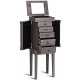 Standing jewelry cabinet organizer with wooden legs, five drawers, and embedded mirror for convenient makeup.