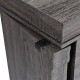 Close-up of the standing jewelry cabinet's top lid with a wooden finish and metal hinge, featuring a sleek design for.