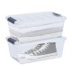 Stackable transparent storage tubs with buckle-up latches, ideal for organizing shoes and linens in limited space.