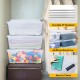 Stackable transparent storage tubs with latch closures, ideal for organizing toys and household items in limited space.