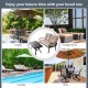 Cushioned loveseat and coffee table set in beige, perfect for patio, garden, or poolside relaxation.