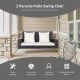 2-person patio rattan swing chair with white cushions, featuring weather-resistant material for outdoor relaxation.