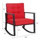 Red cushioned patio rattan rocking chair with sturdy metal frame, perfect for outdoor relaxation in garden or patio.