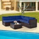 L-shaped 6-piece patio rattan furniture set with navy cushions and glass coffee table, perfect for outdoor relaxation.