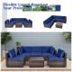 6-piece patio rattan furniture set with navy cushions and glass coffee table, perfect for outdoor relaxation.