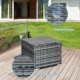 Close-up of the coffee table with thick tempered glass and hand-woven rattan, ideal for outdoor patio use.