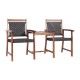 Two acacia wood chairs with PE wicker seats and a coffee table, perfect for outdoor patio relaxation.