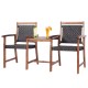 Two acacia wood chairs with rattan seats and a coffee table, perfect for outdoor patio relaxation.