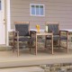 Two acacia wood and PE rattan chairs with a coffee table, perfect for outdoor patio relaxation.