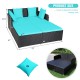 Spacious outdoor rattan daybed with turquoise upholstered cushions and pillows, designed for comfort and durability.