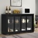 Black kitchen storage cabinet with glass sliding doors, featuring spacious top and two shelves for organized storage.