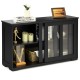 Kitchen storage cabinet with glass sliding doors in black, featuring two shelves and a spacious top for display or.