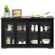 Black kitchen storage cabinet with glass sliding doors, featuring two shelves and a spacious top for display and.
