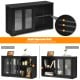 Kitchen storage cabinet with glass sliding doors, featuring adjustable shelves and a spacious top for display or.