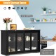 Black kitchen storage cabinet with glass sliding doors, spacious top, and adjustable shelves for organized storage.