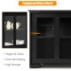 Tempered glass sliding doors of a black kitchen storage cabinet, featuring solid wood construction and spacious top for.