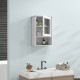 Wall-mounted white medicine cabinet with adjustable shelves and two storage compartments, ideal for bathroom.
