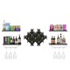 Wall mount wine rack set in black with storage shelves, holding eight bottles and displaying wine glasses and decor.