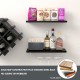 Wall mount wine rack set with black shelves, storing eight bottles and displaying glasses, made of MDF and stainless.