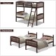 Solid wood twin bunk beds in coffee finish, shown stacked and separated, featuring a detachable ladder for versatile.