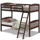 Solid wood twin bunk beds in coffee finish with detachable ladder, featuring guardrails for safety and space-saving.