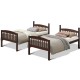 Solid wood twin bunk beds in coffee finish, featuring detachable ladder and guardrails, perfect for versatile.
