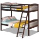 Solid wood twin bunk bed in coffee finish with a detachable ladder and cozy bedding, ideal for creating a fun sleeping.