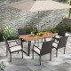 Rectangular 6-person acacia wood outdoor dining table with 2-inch umbrella hole, set in a patio environment.