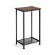 Industrial end table with a rustic top and metal mesh storage shelf, perfect for living room or bedroom organization.